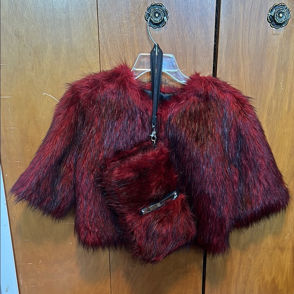 Faux Fur Jacket and Bag Set - Red and Black